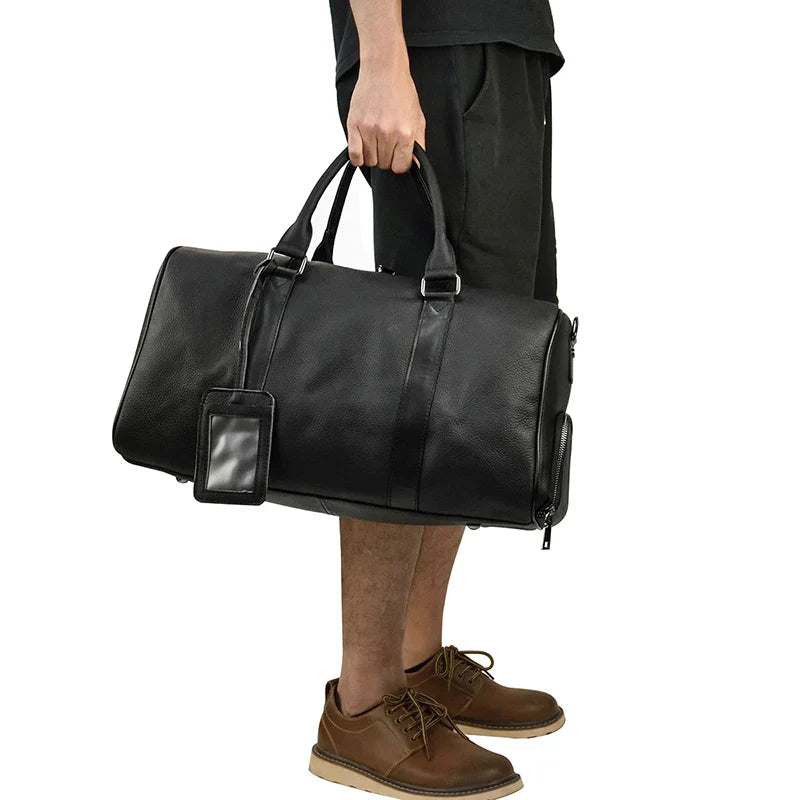 Big Capacity Genuine Leather Travel Bag For Men Women Soft Black Cowhide Casual Travel Duffel Large Luggage Weekend Shoulder Bag