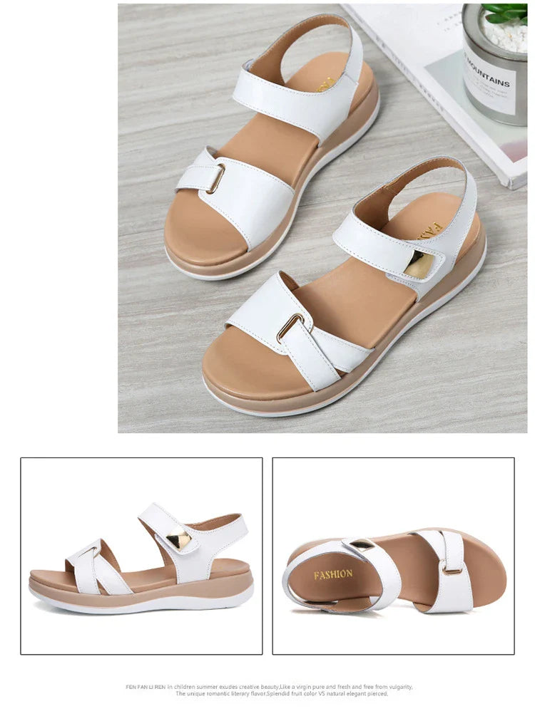 WOIZGIC Women Female Ladies Mother Genuine Leather Shoes Sandals Flats Soft Hook Loop Korean Bling Summer Beach Size 35-40