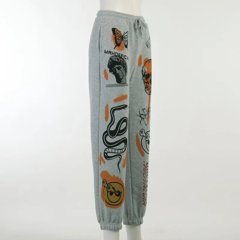 Sweatpants Women Hippie Cartoon Printed Trouser Joggers for Women Drawstring Cargo Pants Streetwear Casual Sweatpant Vamos Todos