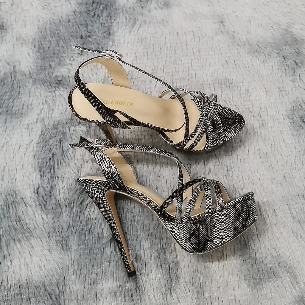 LOSLANDIFEN 2026 NEW 14CM Open Toe Platform High Heels Snake Pattern Sandals Sexy Ankle Strap Gladiator Party Dress Women Shoes