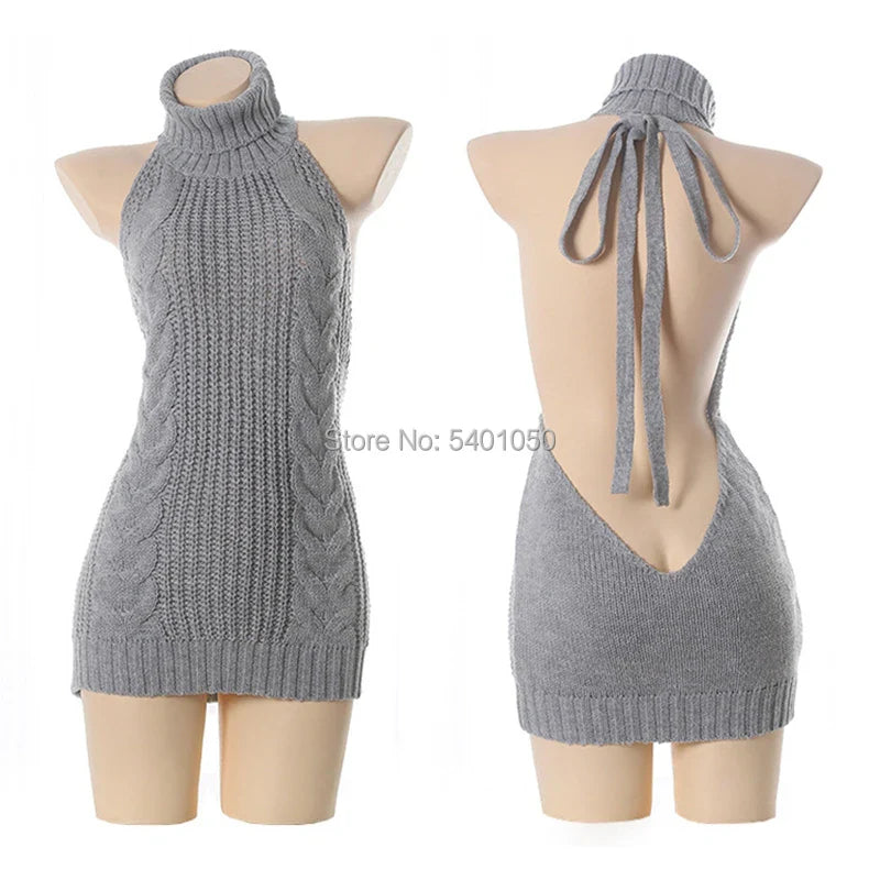Sexy Open Chest Sweaters  Black Halter Knitted Sweater White Sexy Pullover Women Tops Slim V Neck Long Sleeve Femme