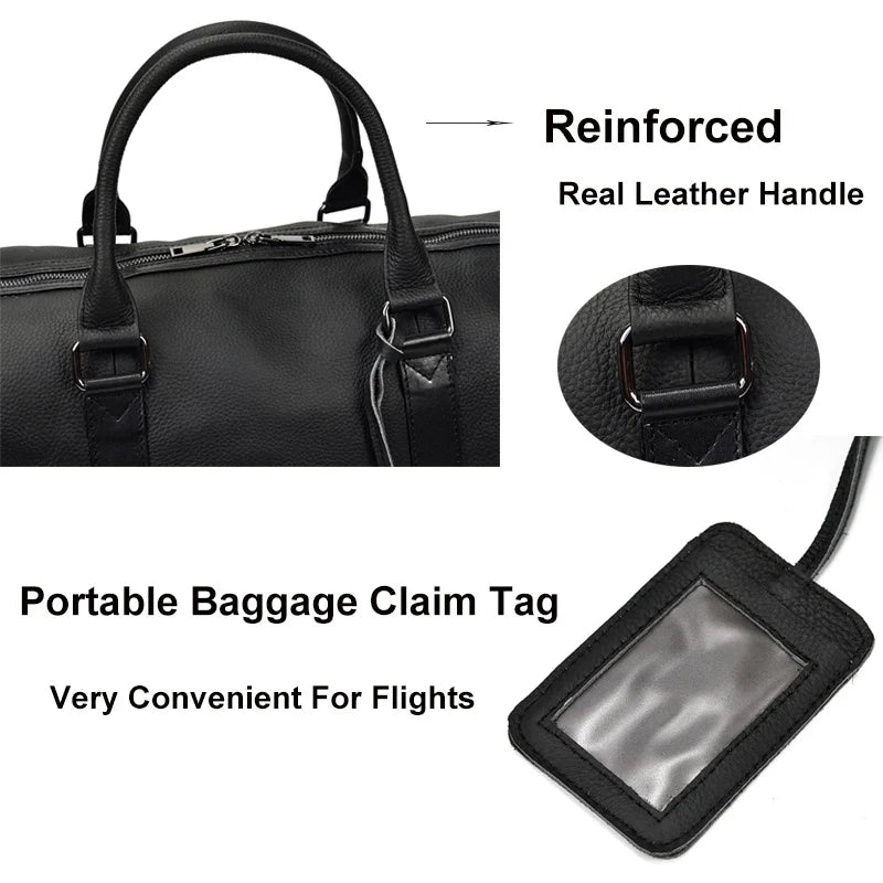 Big Capacity Genuine Leather Travel Bag For Men Women Soft Black Cowhide Casual Travel Duffel Large Luggage Weekend Shoulder Bag