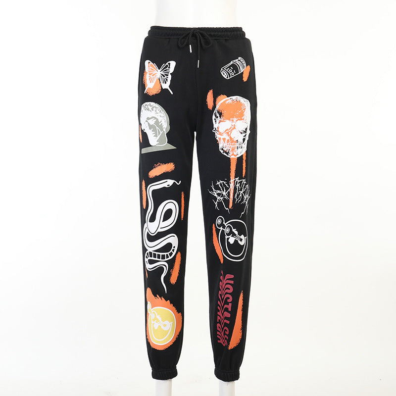 Sweatpants Women Hippie Cartoon Printed Trouser Joggers for Women Drawstring Cargo Pants Streetwear Casual Sweatpant Vamos Todos