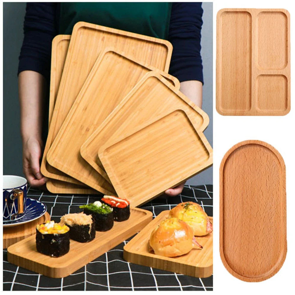 Wooden Bamboo Serving Plate Set Dish Tray Fruit Plate Storage Pallet Kitchen Organizer Dining Bar Supply Dinner Plate Set
