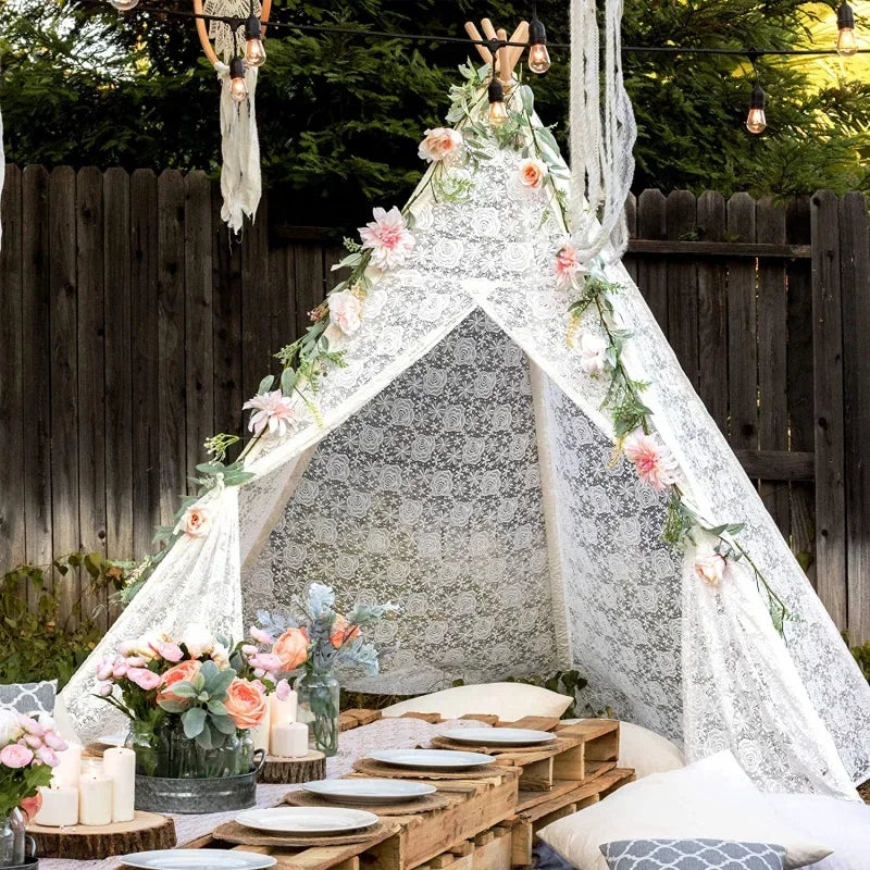 White Lace Teepee Tent for Kids Large Fairy Play House Indoor Wigwam Children Castle Wedding Party Photography Props Boho Decor