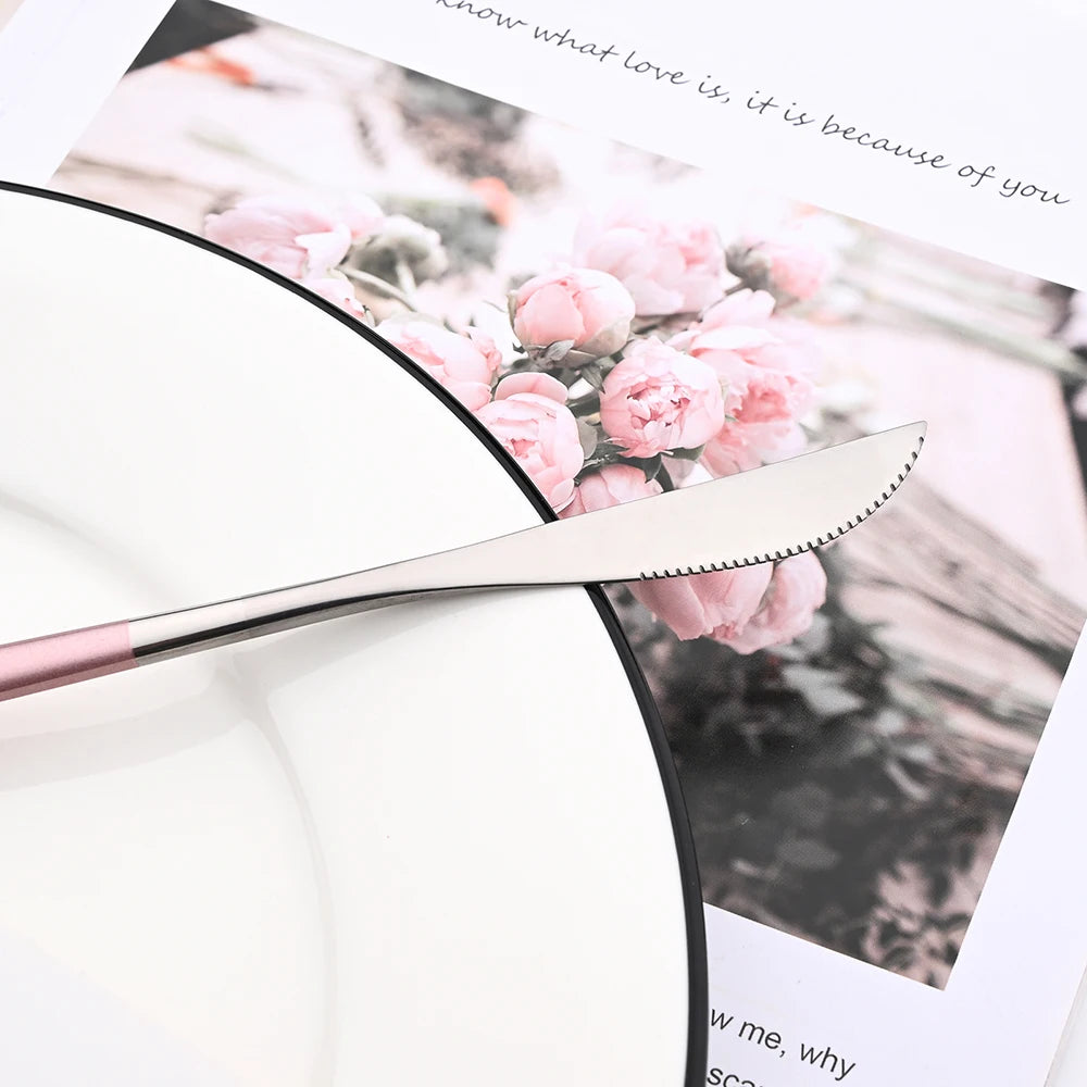 Drmfiy Pink Silver Stainless Steel Dinnerware Set Fork Knife Soup Ice Spoon Cutlery Set Western Flatware Kitchen Silverware Set