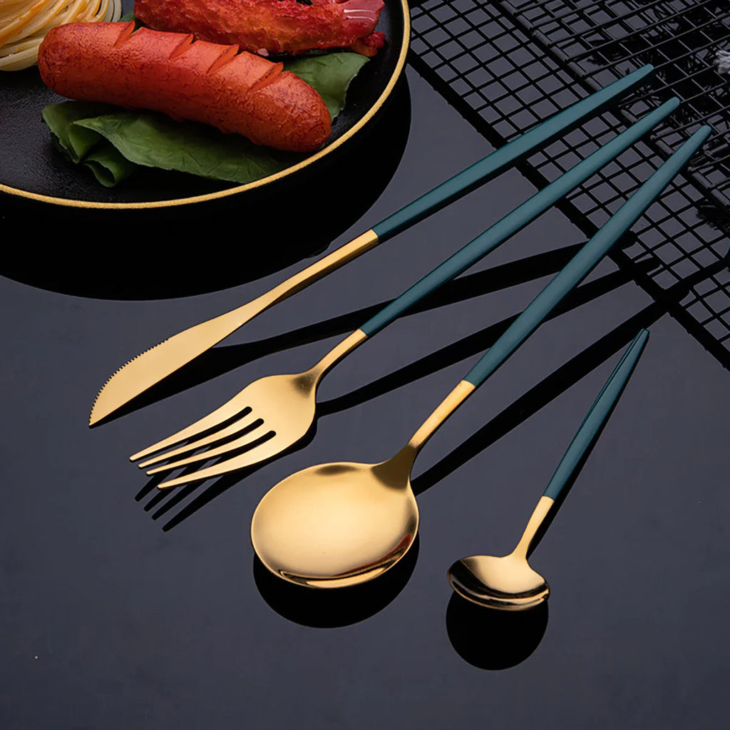24Pcs Gold Tableware Sets Stainless Steel Cutlery Knife Tea Fork Coffee Spoon Flatware Dishwasher Safe Dinner Kitchen Dinnerware