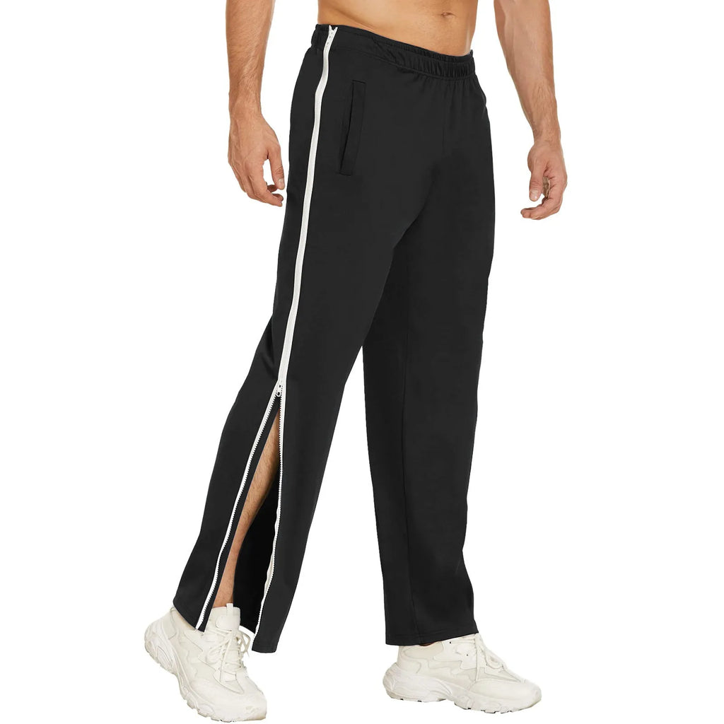 Men Sweatpants Elastic Waistband Pockets Splicing Color Mid-Rise Long Trousers Wide Leg Side Zipper Tear Away Basketball Pants