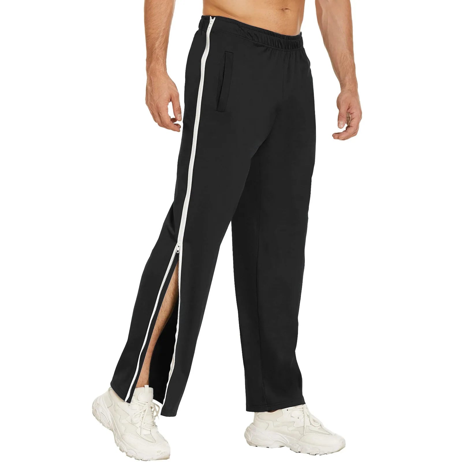 Men Sweatpants Elastic Waistband Pockets Splicing Color Mid-Rise Long Trousers Wide Leg Side Zipper Tear Away Basketball Pants