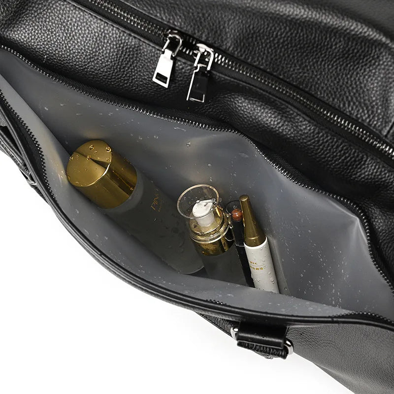 Big Capacity Genuine Leather Travel Bag For Men Women Soft Black Cowhide Casual Travel Duffel Large Luggage Weekend Shoulder Bag
