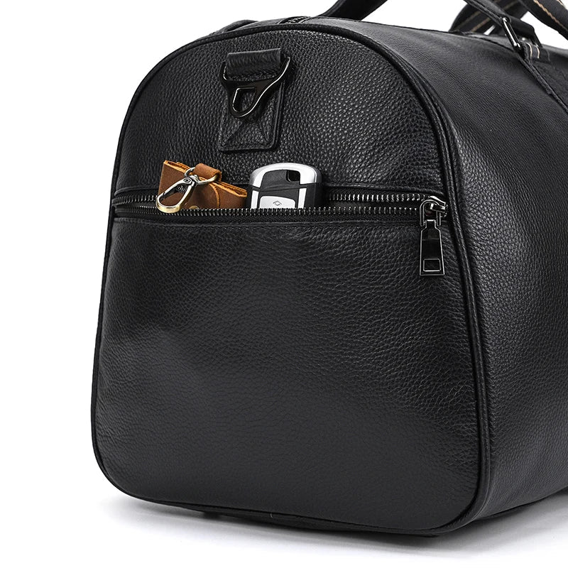 Big Capacity Genuine Leather Travel Bag For Men Women Soft Black Cowhide Casual Travel Duffel Large Luggage Weekend Shoulder Bag