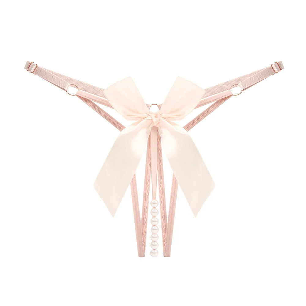Women's Sexy Bowknot Pearl See Through Lace Open Crotch Thongs G-String Lingerie Erotic Panties T Pants Underwear