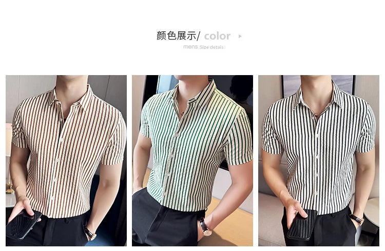 Men Striped Shirt 2026 Summer Light and Thin Breathable Sweat Absorbing Short Sleeved Slim Fit Casual Pleated Shirt Men Clothing