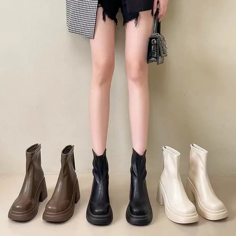 Booties Work Very High Heels Leather Female Short Shoes Combat Heeled Women's Ankle Boots Punk Style Boot Y2k Spring 2025 Autumn