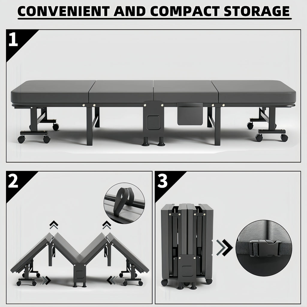 1 Dust Cover for a Folding Bed or 1 Folding Bed, Multifunctional Tech Fabric with High-Density Foam Mattress, Compact Storage Space, Single Bed, Folds into a Quarter, Easy to Assemble, with Wheels, Lightweight, Portable Iron