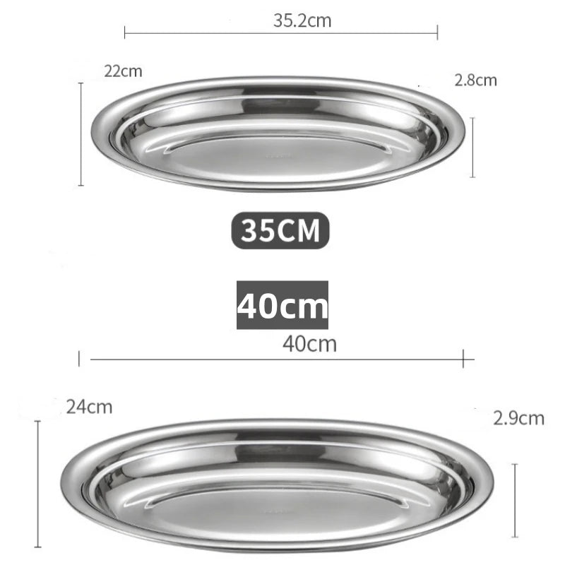 Multi-Size 304 Stainless Steel Oval Fish Plates Household Food Dinner Steamed Shallow Plate Dishes Kitchen Tableware Dinnerware