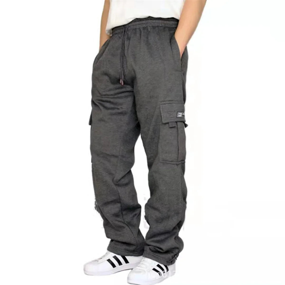 Fashion new Men's Winter Outdoor Sports Solid Color leisure bundle feet multi-pocket straight loose large size cargo pants