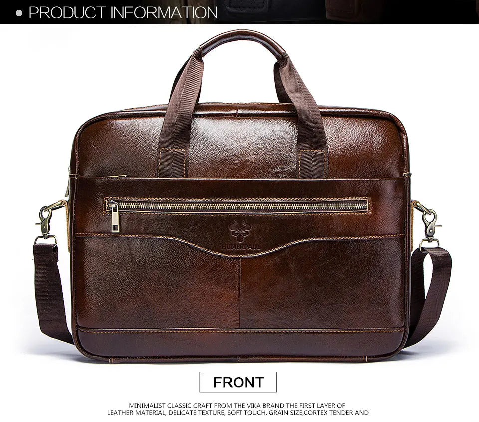 HUMERPAUL Briefcase Men Business Shoulder Messenger Bags Genuine Leather 15" Laptop Bag Men's Briefcase Office Business Handbag