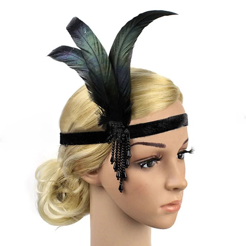 Hair Accessories For Women Girls Black Headband Rhinestone Sequin Vintage Party Headpiece Beaded Flapper Hair Feather Headband