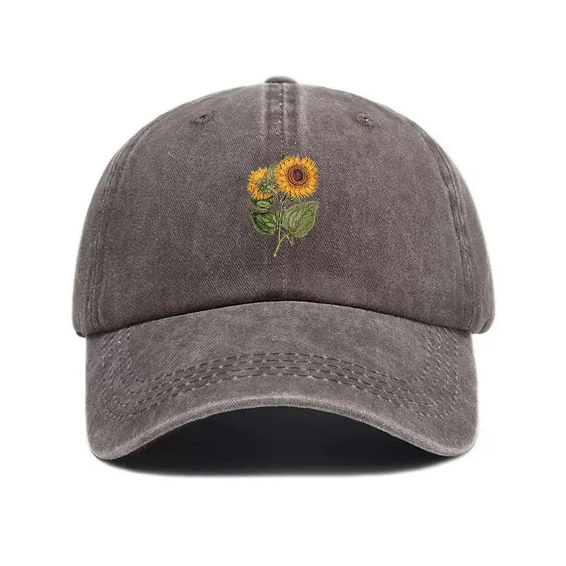 Trendy Sunflower Embroidery Snapback Cap Vintage Washed Cotton Adjustable Unisex Hip Hop Streetwear Hat Outdoor Cap Gift