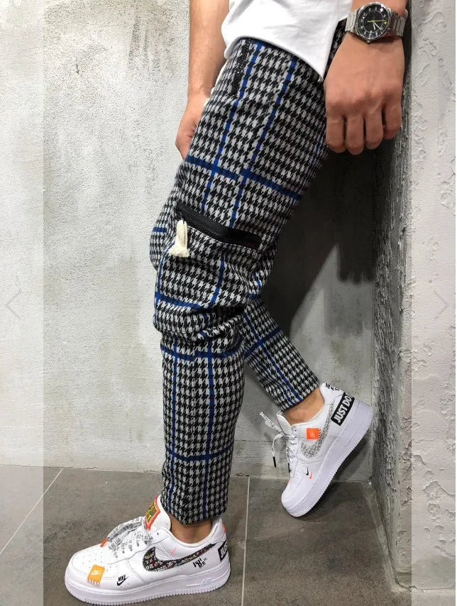 Men Slim Fit Stripe Plaid Long Pant 2021 Autumn New Casual Sport Trousers Men's Small Feet Joggers Pants Male Stacked Sweatpants