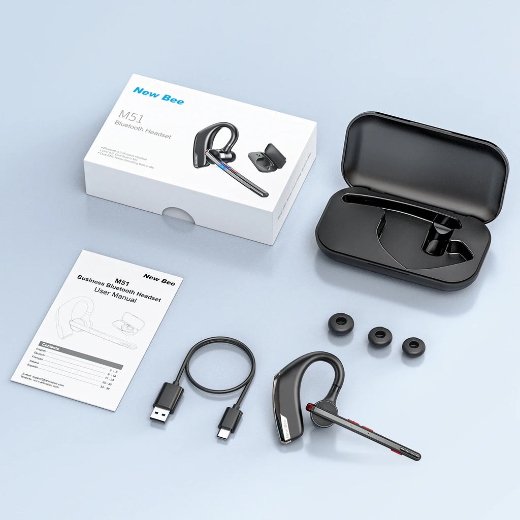 New Bee M51 Wireless Bluetooth Headset Earphones 5.2 Headphone with Dual-Mic CVC8.0 Noise Cancelling Handsfree Business Earpiece