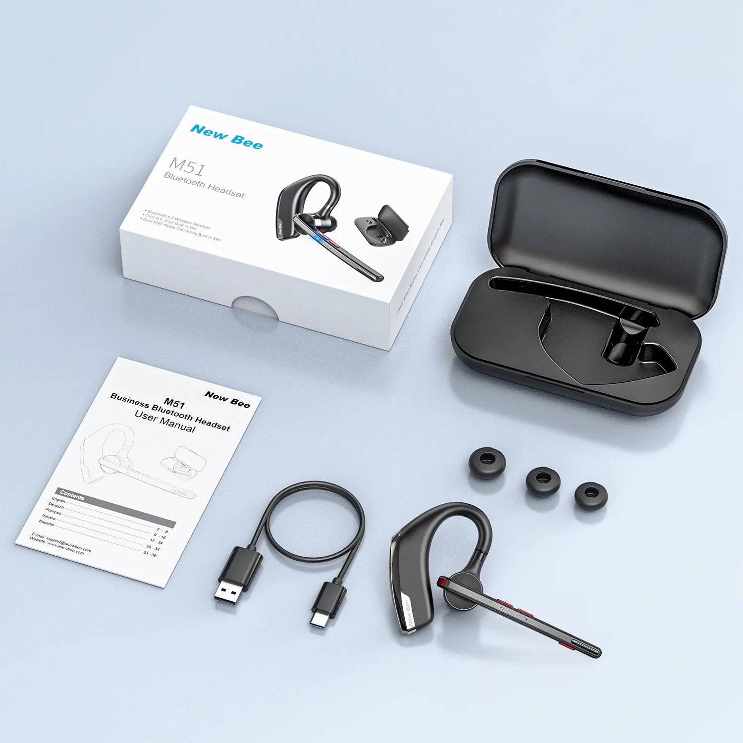 New Bee M51 Wireless Bluetooth Headset Earphones 5.2 Headphone with Dual-Mic CVC8.0 Noise Cancelling Handsfree Business Earpiece