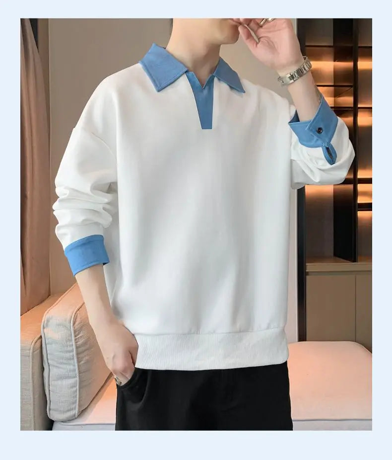 Men's Clothing Sweatshirts for Spring Autumn Two Pieces of Trendy Loose New Style Lapels Handsome Casual Long-sleeved Tops