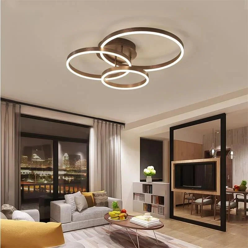 Household Gold Led Chandeliers 3 Circle Bedroom Metal Living Dining Room Lighting Chandelier Brown Glossy Lamp Home Indoor Lamps