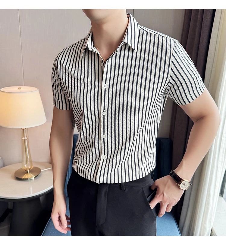 Men Striped Shirt 2026 Summer Light and Thin Breathable Sweat Absorbing Short Sleeved Slim Fit Casual Pleated Shirt Men Clothing