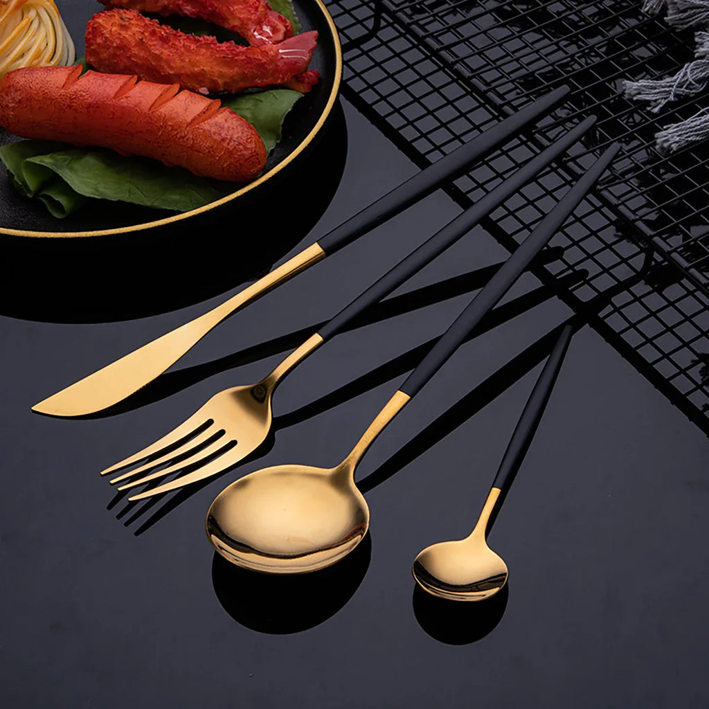 24Pcs Gold Tableware Sets Stainless Steel Cutlery Knife Tea Fork Coffee Spoon Flatware Dishwasher Safe Dinner Kitchen Dinnerware