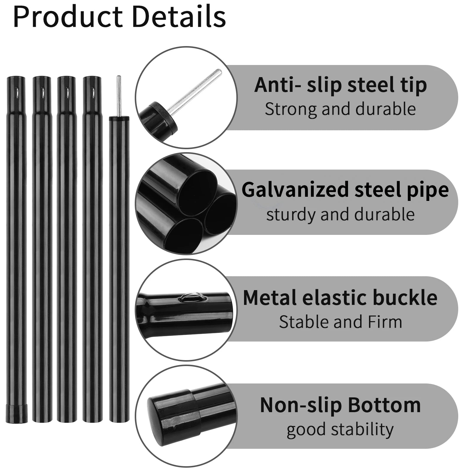 Tent Poles Camping Poles for Tarp Awning Canopy Shelter Sun Sail Tarpaulin Headroom Galvanized Steel Adjustable Telescoping Rods