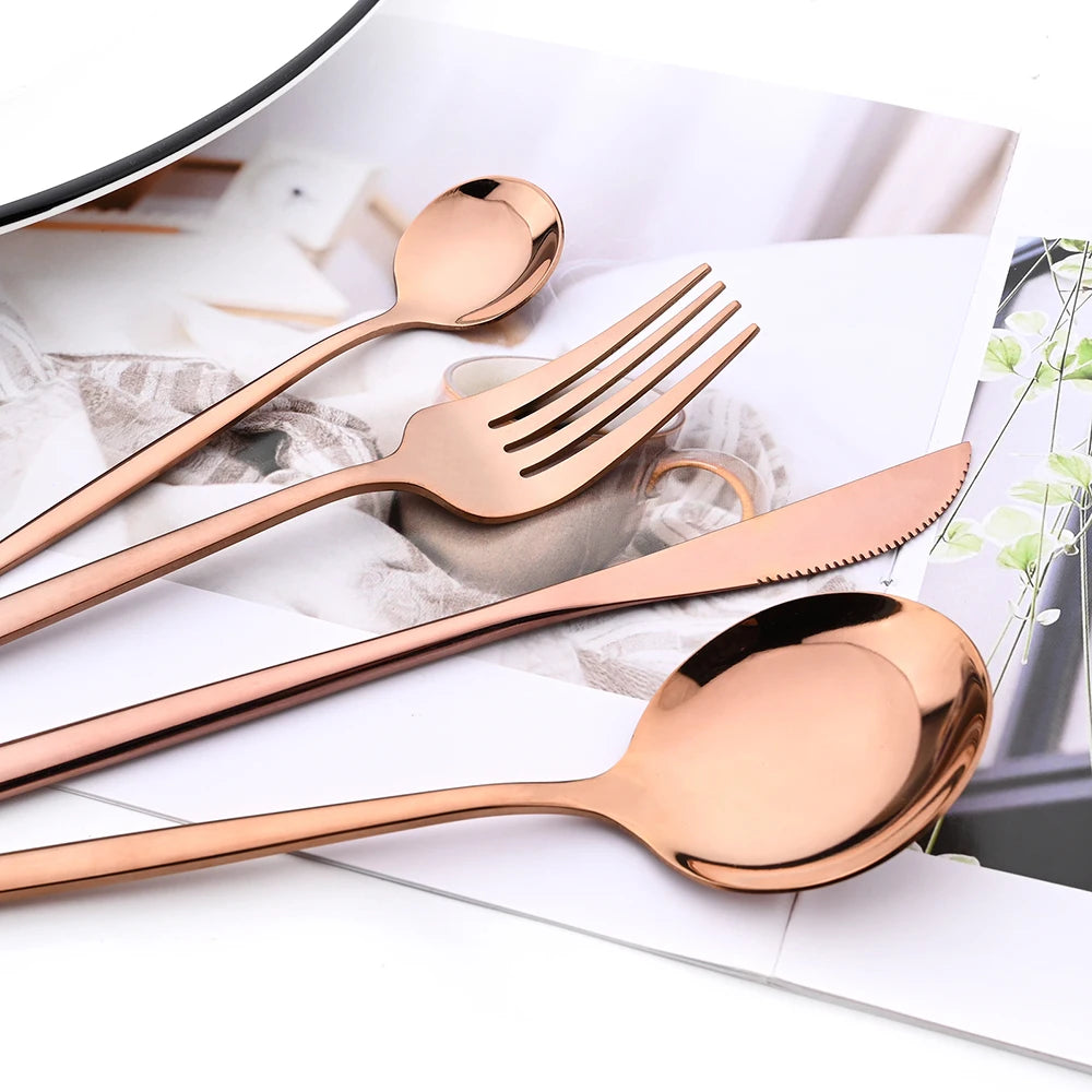 Drmfiy Pink Silver Stainless Steel Dinnerware Set Fork Knife Soup Ice Spoon Cutlery Set Western Flatware Kitchen Silverware Set