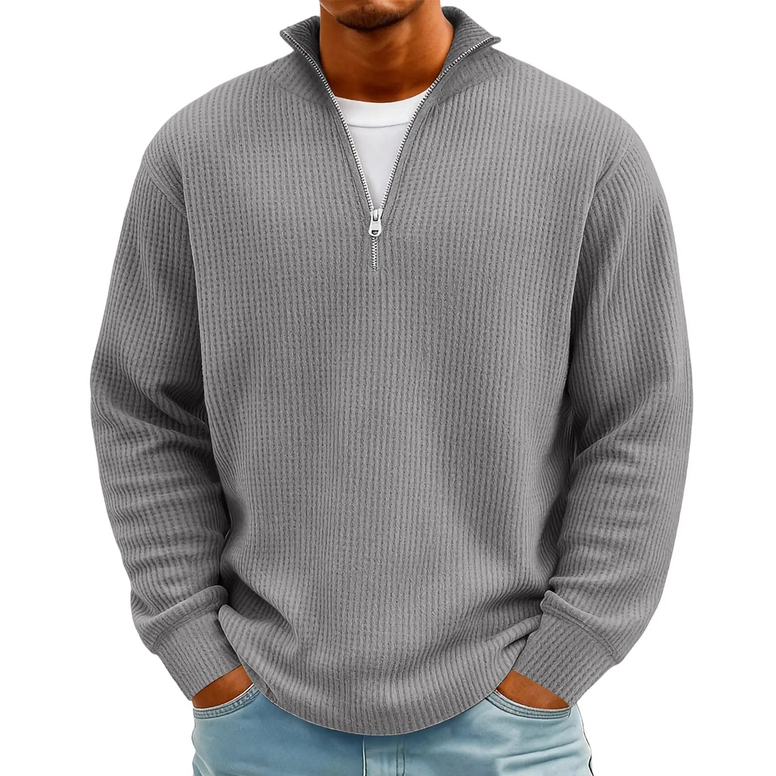New Sweatshirts For Men Spring Waffle Long-sleeved T-shirt Men's Casual Loose Zipper Polo Collar Tees Tops Man Outwear