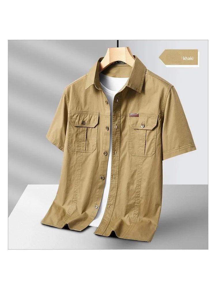 Summer Short Sleeve Shirt Men 100 Cotton Refreshing Breathable Sweat Absorbing Shirt Climbing Work Clothes Pocket Fishing Shirt
