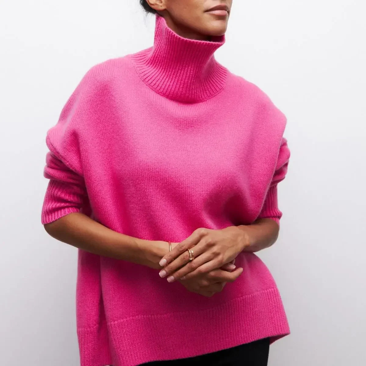 Original Light Luxury O-neck Knit Sweater Autumn and Winter Women's Elegant Loose Mock Neck Solid Color Warm Outerwear Sweater