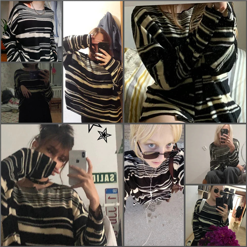 LMQ NEW Women Punk Gothic Striped Long Sleeve Loose Patchwork Sweater Hip Hop Retro Oversize Pullover Casual Knitted Jumpers