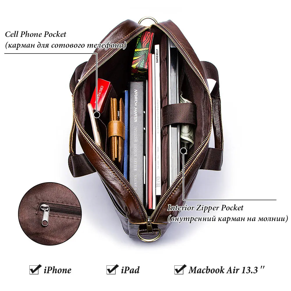 HUMERPAUL Briefcase Men Business Shoulder Messenger Bags Genuine Leather 15" Laptop Bag Men's Briefcase Office Business Handbag