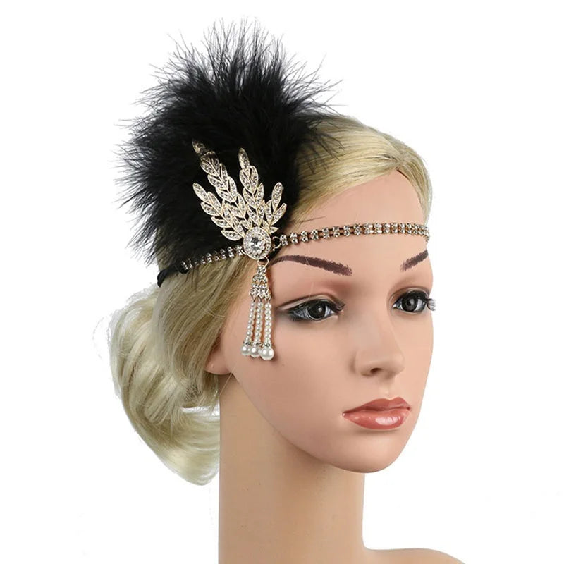 Hair Accessories For Women Girls Black Headband Rhinestone Sequin Vintage Party Headpiece Beaded Flapper Hair Feather Headband