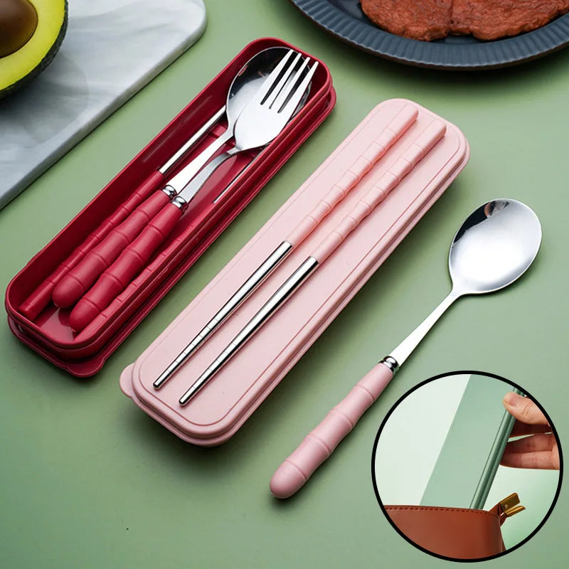 3pcs Portable Dinnerware Kit Spoon Fork Chopstick Set Travel Flatware With Box Set Stainless Steel Travelling Dinnerware Set