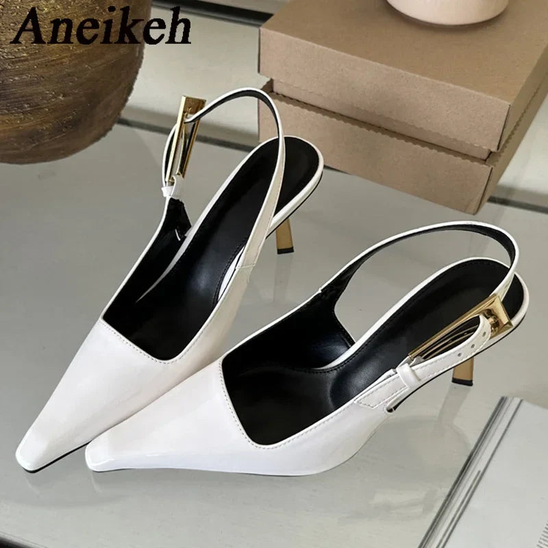 Aneikeh 2024 Summer New Band Women Pumps Shoes Fashion Shallow Slip On Slingback Sandals Thin High Heel Dress Sexy Pumps Shoes