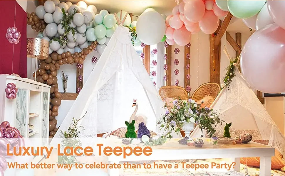 White Lace Teepee Tent for Kids Large Fairy Play House Indoor Wigwam Children Castle Wedding Party Photography Props Boho Decor