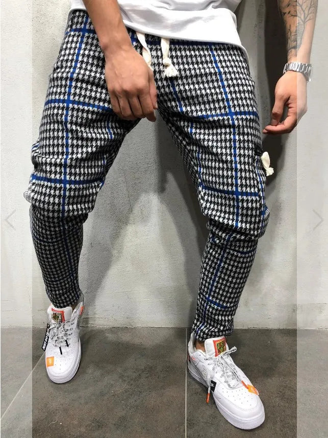 Men Slim Fit Stripe Plaid Long Pant 2021 Autumn New Casual Sport Trousers Men's Small Feet Joggers Pants Male Stacked Sweatpants