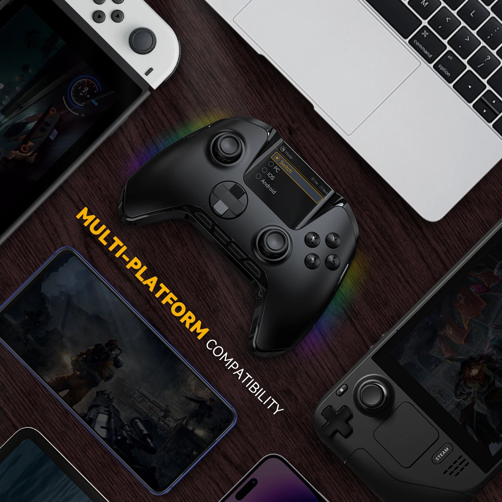 Screen Interactive Wireless Gaming Controller for iOS/Android/Switch/PC  Hall Effect Stick RGB Light 1800mAh with Charging Dock