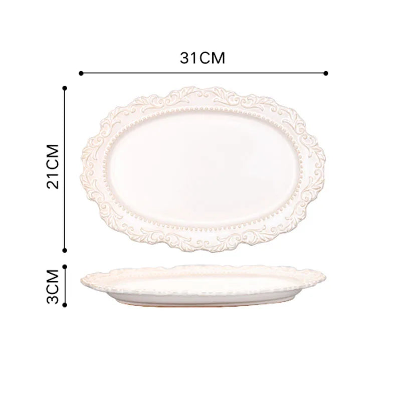 French Baroque Vintage Relief Dinner Plate Nordic Vintage Solid Color Carving Craft Dishes and Plates Sets Household Kitchenware