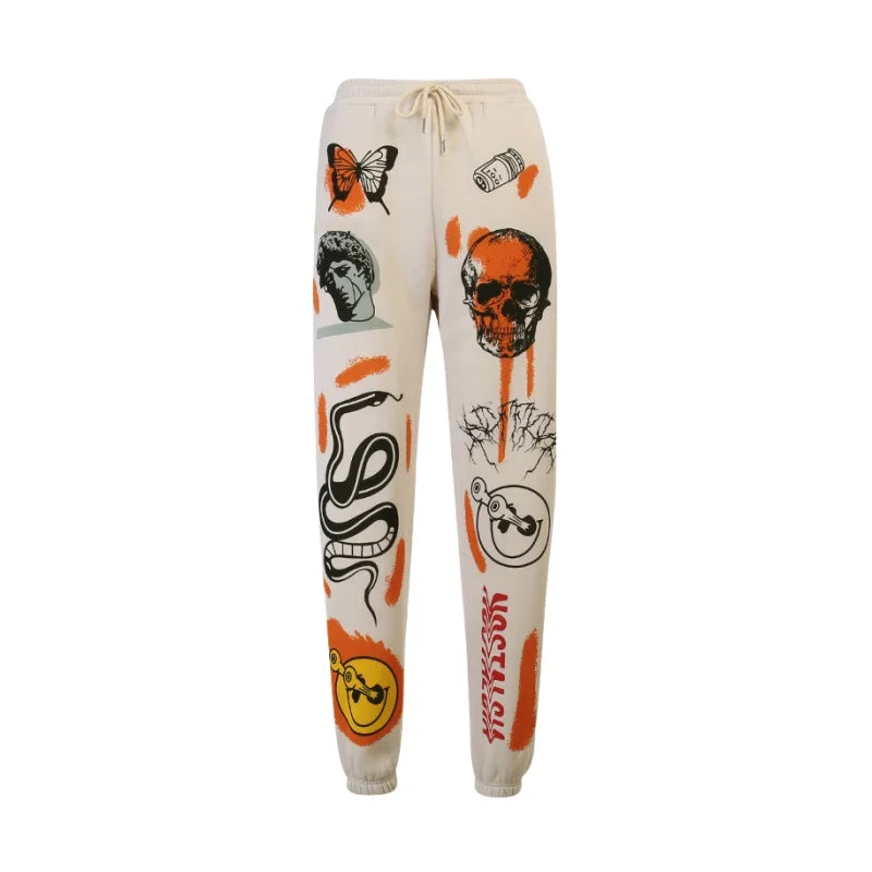 Sweatpants Women Hippie Cartoon Printed Trouser Joggers for Women Drawstring Cargo Pants Streetwear Casual Sweatpant Vamos Todos