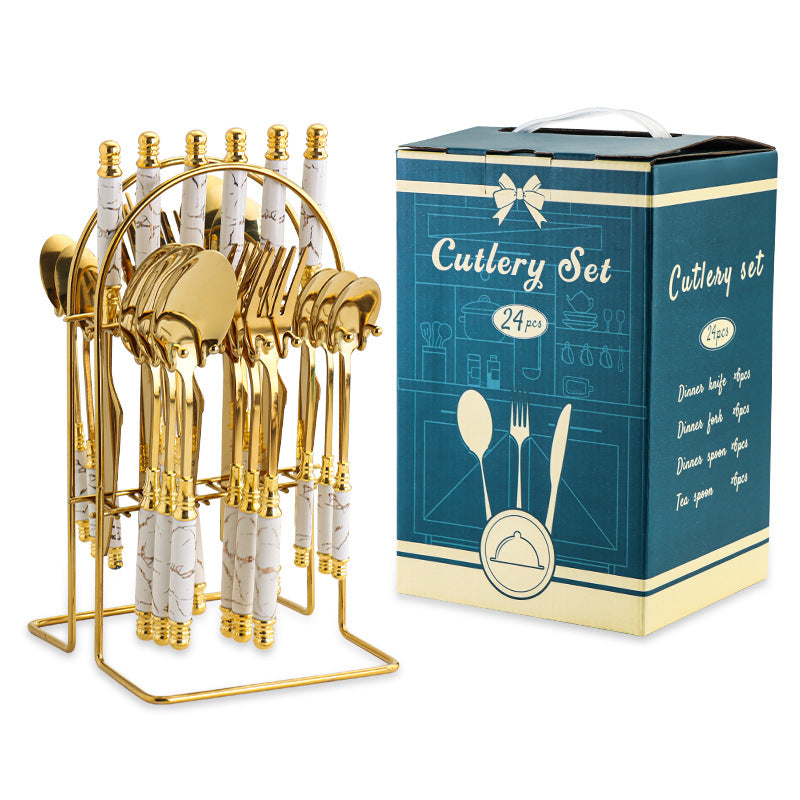 24 Pcs Stainless Steel Cutlery Hammer Pattern Ceramic Handle Knife Fork Spoon Set cutlery set travel cutlery set flatware set
