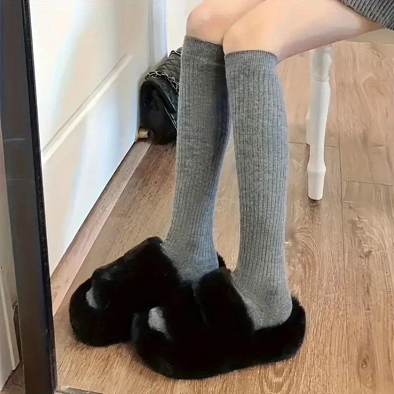 1/3 Pairs Women Solid Color Striped Long Socks Breathable Comfortable in Spring Summer Fashionable Simple Style Casual Socks