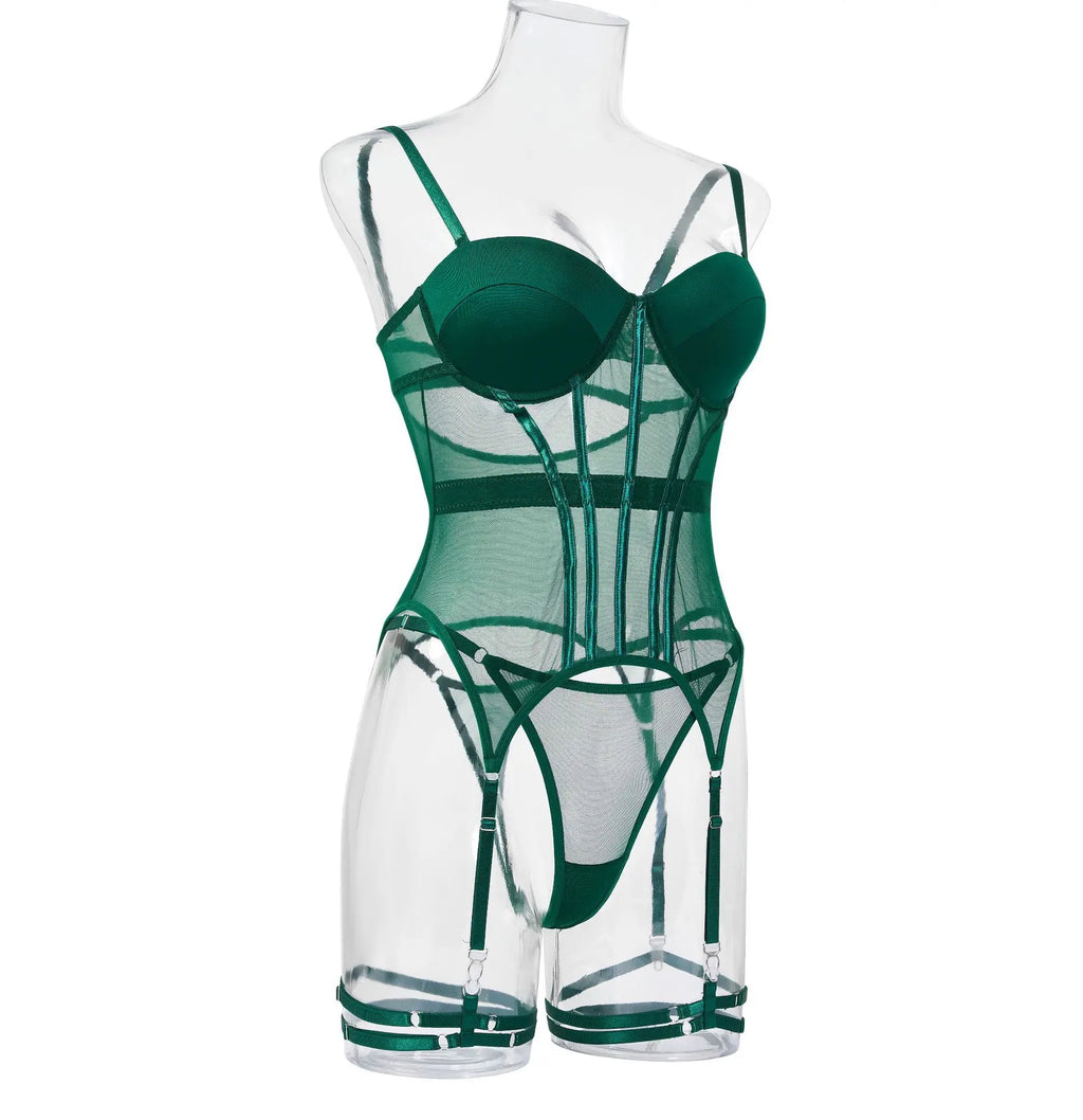 MUZISKAT Mesh  Lingerie Luxury Brand Bodysuit Backless Tops for Women 3 Piece Lingerie Set with Garter Sexydresses for Women