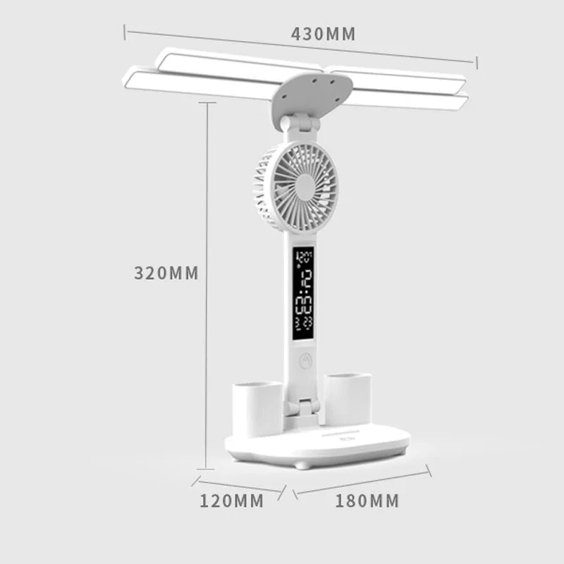 3in1 Multifunction Table Lamp LED Four-headed Folding With Fan Calendar Clock USB Rechargeable Desk light 3 color Reading Lamp